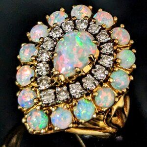 1960s Vintage Opals Diamonds 14k-18k Yellow Gold Cocktail Ring Retro Estate Gift